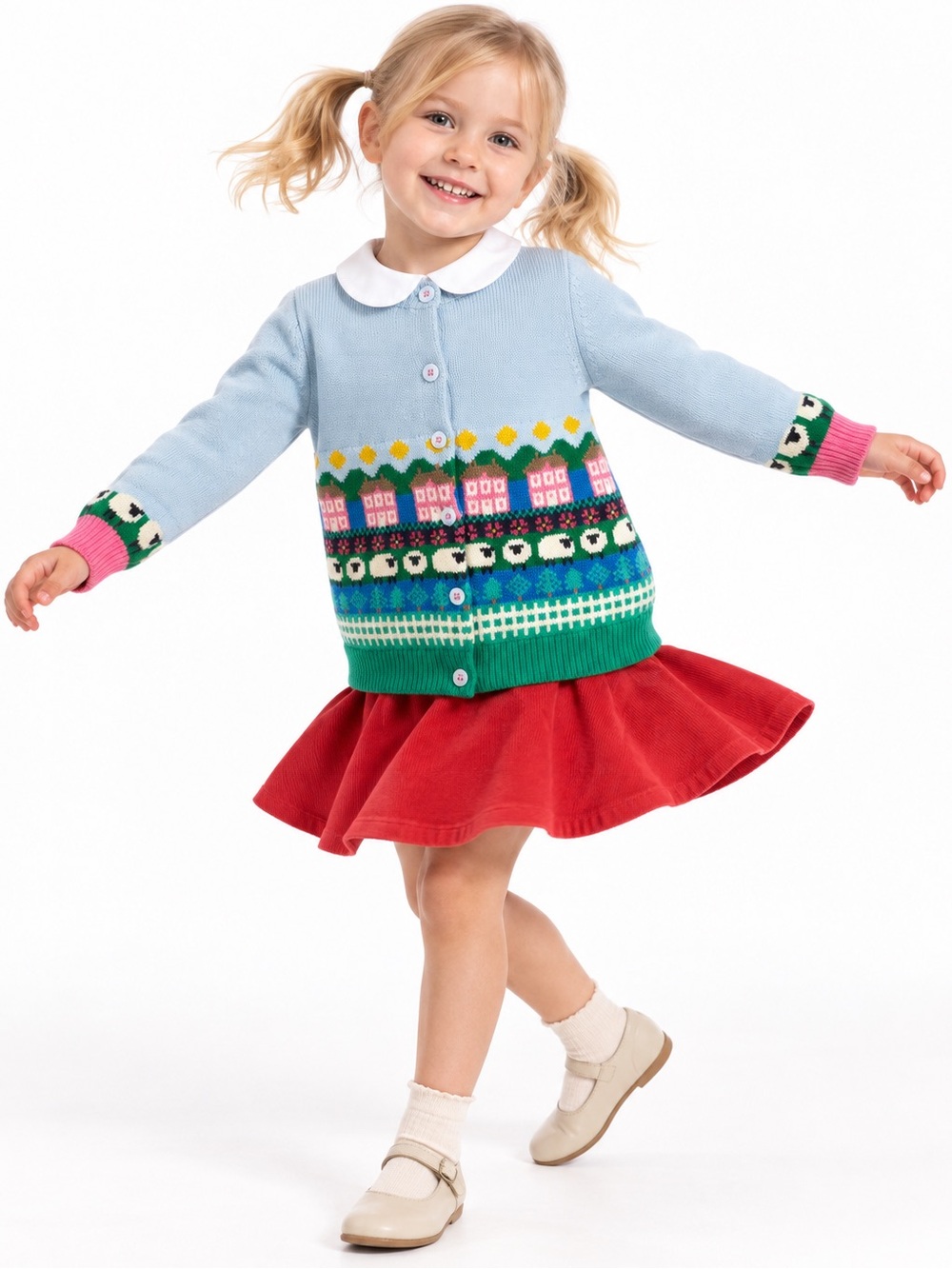 Mini Boden 4-5Y Blue Sheep House Novelty Knit Cardigan Sweater Girls Fair Isle